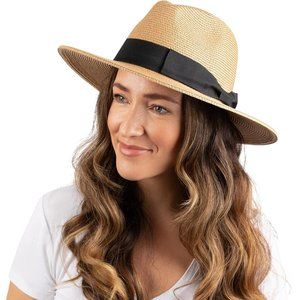 Women Fedora Sun Hat with Wide BrimFoldable Roll-Up Straw Beach Hat UPF 50